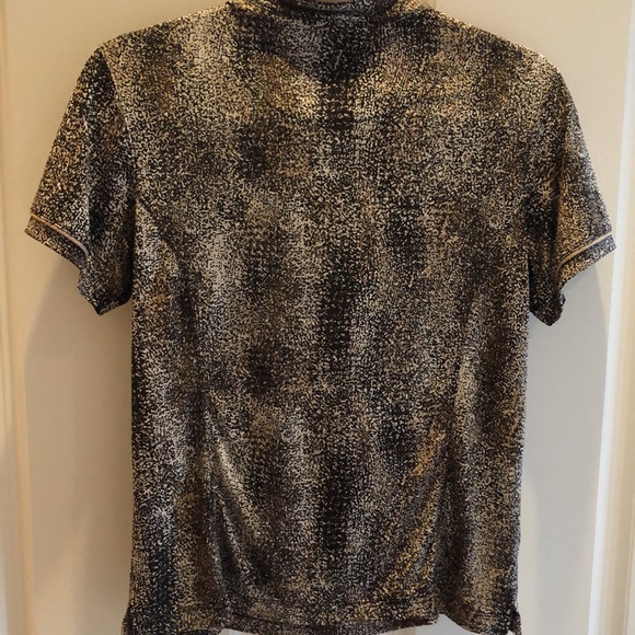 Tear Off Confetti pattern taupe neckline & sleeve piping zipper front blouse - Picture 5 of 10